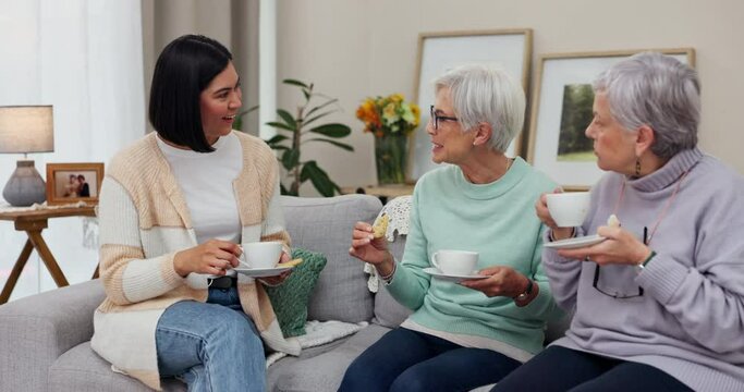 Talking, senior friends and tea on sofa for relax, conversation and nursing home visit. Happy, living room and a woman speaking to elderly people with coffee on the couch for communication and care