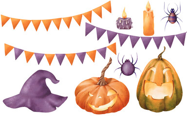 Halloween set of spider, candle, flame, pumpkin with funny lightface, garland, witch hat. Watercolor isolated illustration. spirit, pagan witchcraft print design. Hand-drawn attribute witches' sabbath