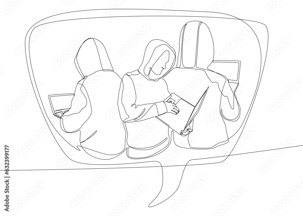 Poster one continuous line of speech bubble with computer hacker. thin line illustration vector concept. co