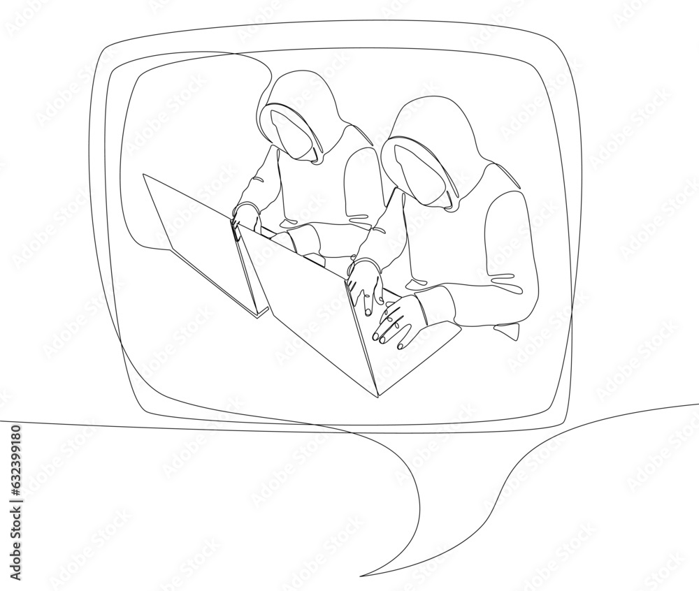 Poster one continuous line of speech bubble with computer hacker. thin line illustration vector concept. co