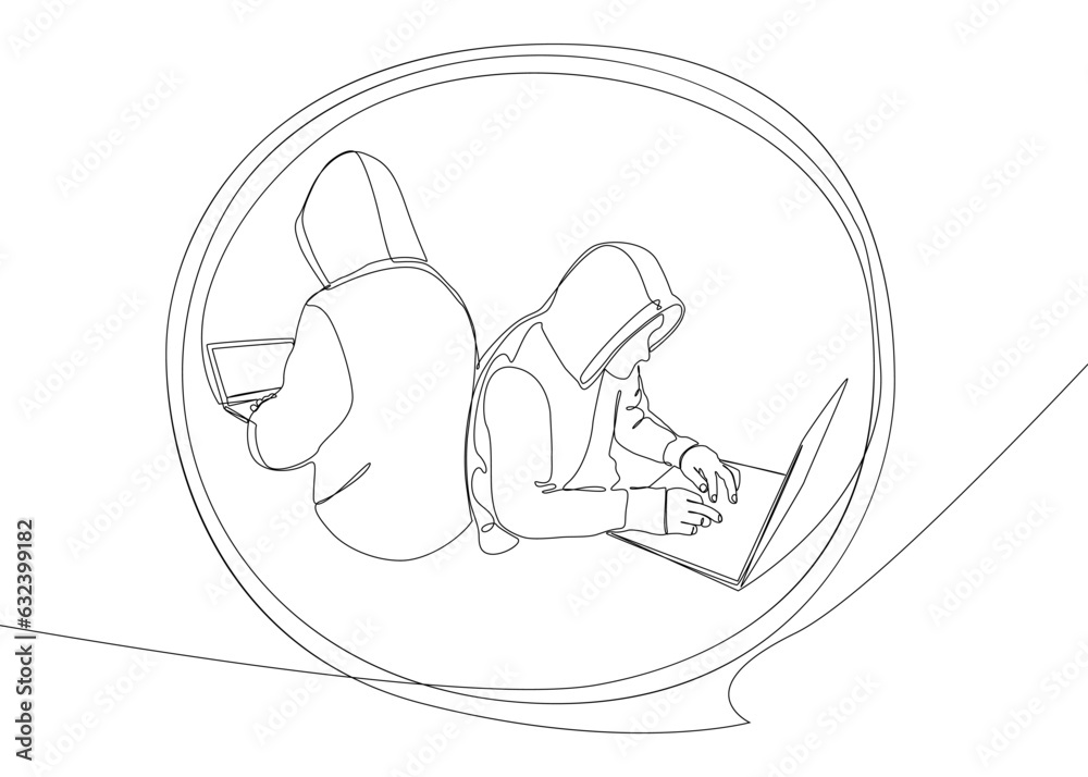 Poster one continuous line of speech bubble with computer hacker. thin line illustration vector concept. co