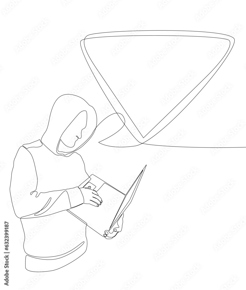 Poster one continuous line of speech bubble with computer hacker. thin line illustration vector concept. co