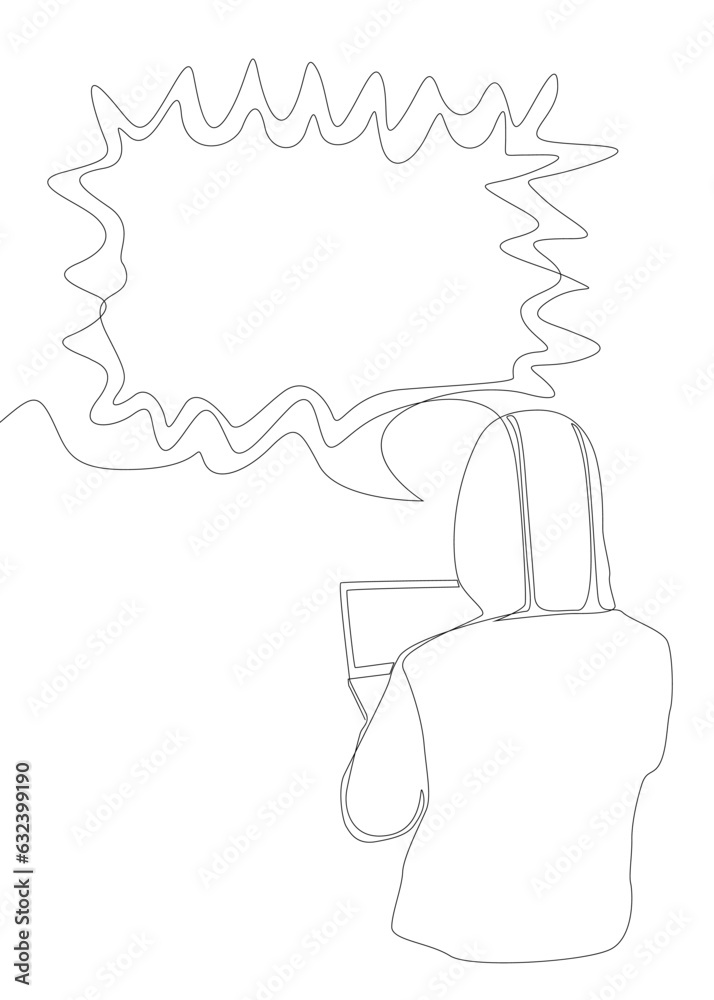 Poster one continuous line of speech bubble with computer hacker. thin line illustration vector concept. co