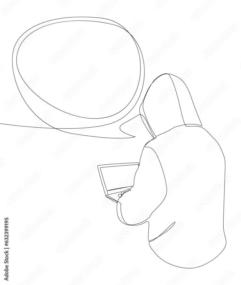 Poster one continuous line of speech bubble with computer hacker. thin line illustration vector concept. co