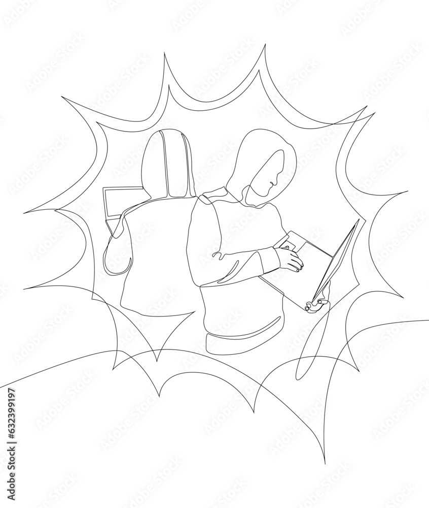 Poster one continuous line of speech bubble with computer hacker. thin line illustration vector concept. co