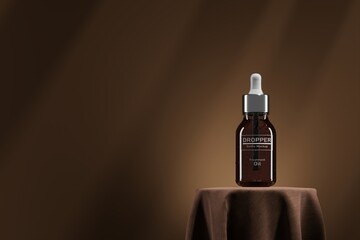 Mock up dropper bottle on brown fabric base. Presentation for cosmetic concept. 3D rendering - obrazy, fototapety, plakaty