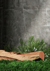 A log middle small plants and concrete wall. Abstract background for product presentation. 3D rendering