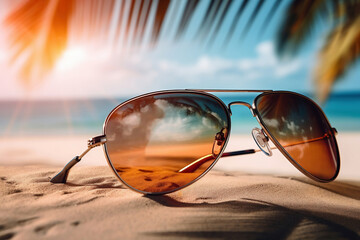 Fototapeta na wymiar Close-up of sunglasses on the sand with palm on the background, ai generated
