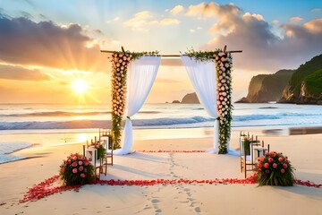 wedding arch decorated with fresh flowers on sandy tropical beach, marriage set up, engagement design, tropical wedding decorations created with generative ai technology