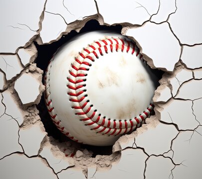 Baseball Ball Coming Through The White Wall Background, Baseball Coming Out Of A Hole In A Wall.