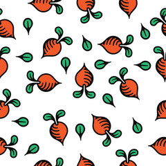 Seamless pattern carrot with leaf background. Vegetarian ornament in Cartoon style.