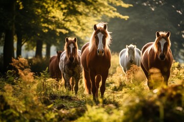 Group Of Horses Grazing In A Sunlit Meadow, Generative AI