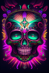 Generative AI 3D Rendered Calavera (Sugar Skull) in a traditional style for Dia de Los Muertos (Day of the dead). Flowers and skeleton computer generated to replicate photorealism and hyperrealism