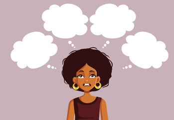 Stressed Woman Having Many Thoughts. Overthinking her problems Vector Cartoon
Anxious girl trying to find solutions for her problems 
 - obrazy, fototapety, plakaty