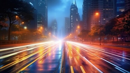 Obraz premium cityscape picture at twilight time with bokeh light on business street zone.