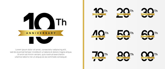set of anniversary logo black color number and golden ribbon on white background for celebration