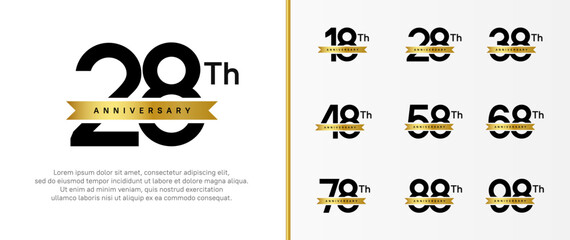 set of anniversary logo black color number and golden ribbon on white background for celebration
