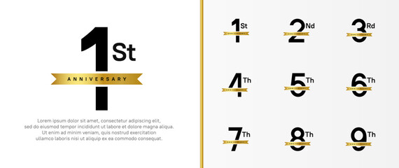 set of anniversary logo black color number and golden ribbon on white background for celebration