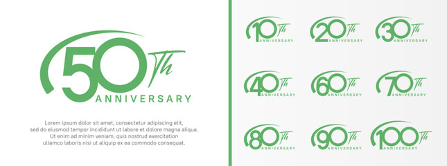 set of anniversary logo green color number and swoosh on white background for celebration