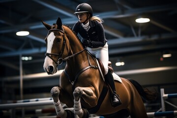 Naklejka premium Horse And Rider Practicing A Show Jumping, Generative AI