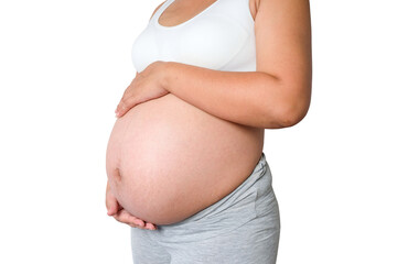 She have a baby. Woman is pregnant touching belly with love of mother and baby. Relationship during family concept , Health concept.