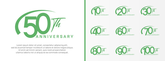set of anniversary logo green color number and swoosh on white background for celebration