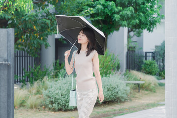 日傘を差して外を歩く若い女性