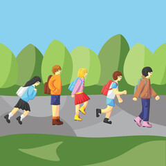 Group of Children with Backpack Outdoor