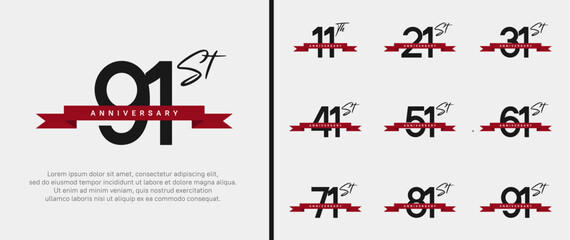 set of anniversary logo black color number and red ribbon on white background for celebration