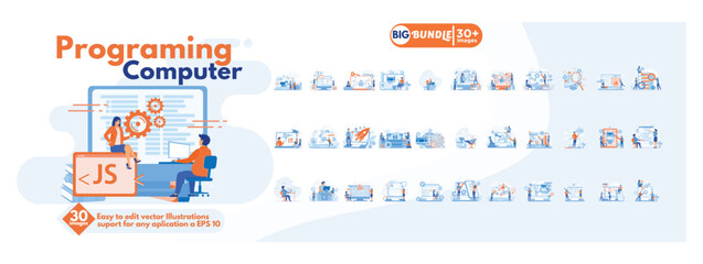 Programing computer concept illustration, collection of male and female business people scenes in the programing computer scene. mega set flat vector modern illustration