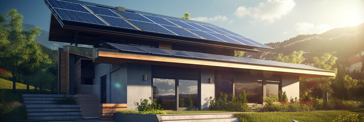 Fototapeta premium A High-quality photoClose up of a new building with solar panels on the roof. Sustainable and clean energy at home.