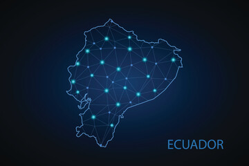 Obraz premium Map of Ecuador from Polygonal wire frame low poly mash, contours network line, luminous space stars, design sphere, dot and structure. Vector Illustration EPS10.