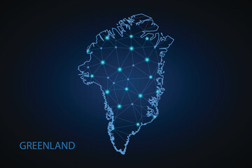 Map of Greenland from Polygonal wire frame low poly mash, contours network line, luminous space stars, design sphere, dot and structure. Vector Illustration EPS10. © Ruslam