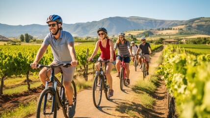 group of friends cycling through scenic vineyards