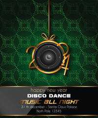 2024 Happy New Year disco club flyer with colorful elements. Ideal for poster and music background.