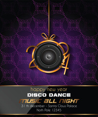 Obraz premium 2024 Happy New Year disco club flyer with colorful elements. Ideal for poster and music background.