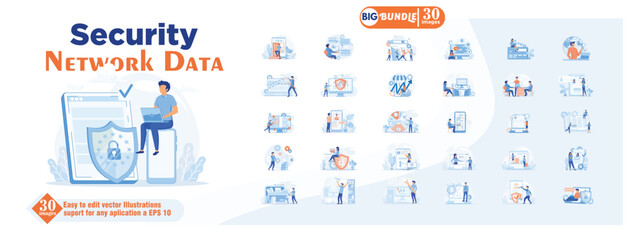 Security network data concept illustration, collection of male and female business people scenes in the security network data scene. mega set flat vector modern illustration