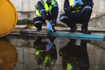 Two Officers of Environmental Engineering Wearing Protective Equipment Inspected Oil Spill Contamination in Warehouse Old, Hazardous Fuel Leakage and Environmental Concept.