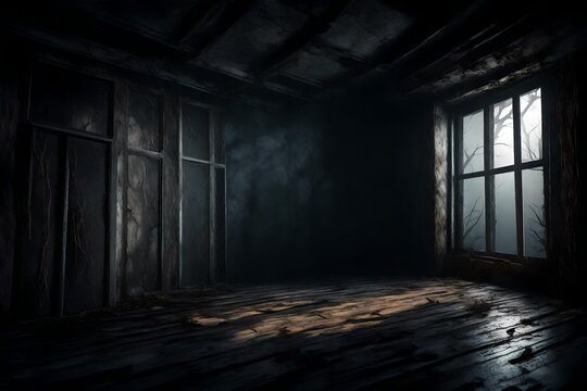Abstract horror background for halloween. Gloomy scary terrible window with ghostly light and shadows in a dark black room in the attic, corridor or basement in an abandoned house in the forest 3d ren