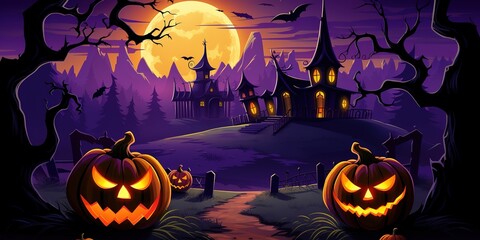 halloween village with scarry pumpkin illustration, halloween background, Generative AI