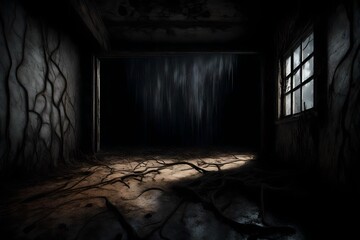 Abstract horror background for halloween. Gloomy scary terrible window with ghostly light and shadows in a dark black room in the attic, corridor or basement in an abandoned house in the forest 3d ren