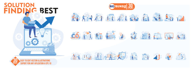 Solution finding best concept illustration, collection of male and female business people scenes in the solution finding best scene. mega set flat vector modern illustration