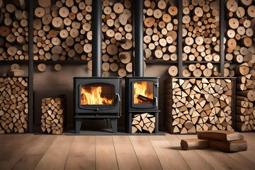 Black metal stove fireplace with wood in a woodpile - the interior of a private village house. Heating and heating of the house with firewood, the heat of the fire from the hearth. 3d rendering 