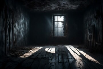 Abstract horror background for halloween. Gloomy scary terrible window with ghostly light and shadows in a dark black room in the attic, corridor or basement in an abandoned house in the forest 3d ren - obrazy, fototapety, plakaty