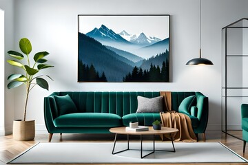 Leaves poster on white wall above green sofa with pillows and blanket in spacious living room interior with plants. 3d rendering