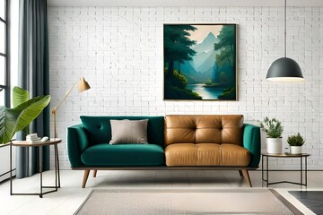 Leaves poster on white wall above green sofa with pillows and blanket in spacious living room interior with plants. Template