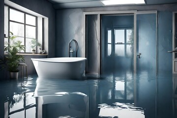 Flooded bathroom with high water level 3d rendering -