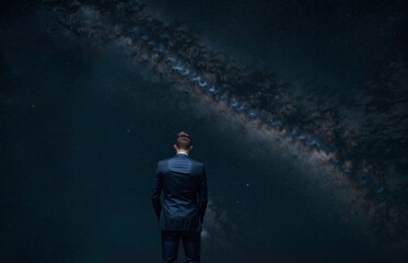 Naklejka premium Businessman standing with back and looking at the starry night sky 