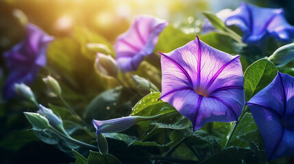 Morning Glory Garden Bliss. Blissful moments captured among morning glory flowers in a tranquil spring garden. Generative ai