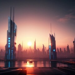 Obraz premium A futuristic cityscape at sunset, IA 